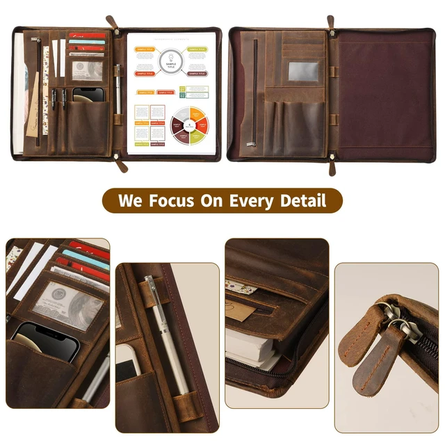 Alt view image 3 of 7 - Genuine Leather Portfolio with Zipper, Business Organizer for A4/Pad/Phone, Brown, RS63