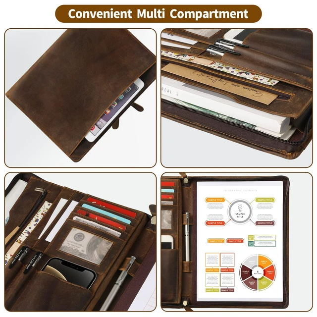 Alt view image 4 of 7 - Genuine Leather Portfolio with Zipper, Business Organizer for A4/Pad/Phone, Brown, RS63