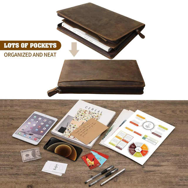 Alt view image 7 of 7 - Genuine Leather Portfolio with Zipper, Business Organizer for A4/Pad/Phone, Brown, RS63