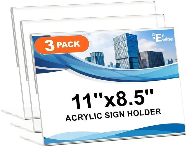 Main image of 3 Pack 8.5 x 11 Acrylic Sign Holder Horizontal, Clear Plastic Signs Display Stand, Slanted Back Paper Holder Stand up Table Top Sign Holders Flyer Stand Frames for Office Business Store