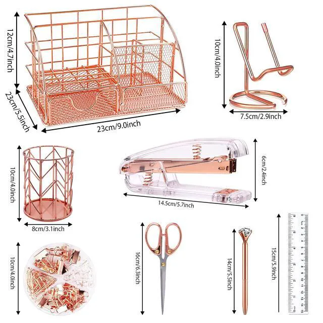 Alt view image 2 of 7 - Rose Gold Desk Organizers and Accessories Office Supplies Set Stapler, Pen Holder, Phone Holder, Scissors, Pen, Ruler, 30 Paper Clips, 22 Binder Clip, 20 Tacks and 1000pcs Staples