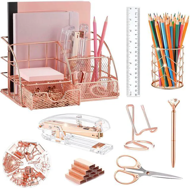 Main image of Rose Gold Desk Organizers and Accessories Office Supplies Set Stapler, Pen Holder, Phone Holder, Scissors, Pen, Ruler, 30 Paper Clips, 22 Binder Clip, 20 Tacks and 1000pcs Staples
