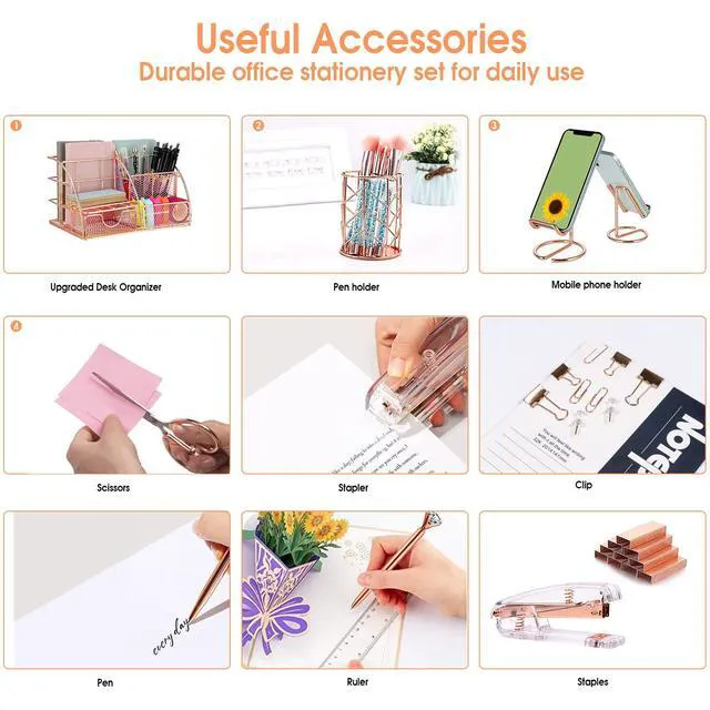 Alt view image 5 of 7 - Rose Gold Desk Organizers and Accessories Office Supplies Set Stapler, Pen Holder, Phone Holder, Scissors, Pen, Ruler, 30 Paper Clips, 22 Binder Clip, 20 Tacks and 1000pcs Staples