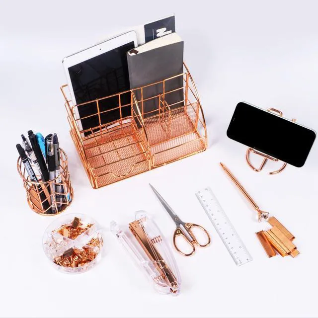 Alt view image 6 of 7 - Rose Gold Desk Organizers and Accessories Office Supplies Set Stapler, Pen Holder, Phone Holder, Scissors, Pen, Ruler, 30 Paper Clips, 22 Binder Clip, 20 Tacks and 1000pcs Staples