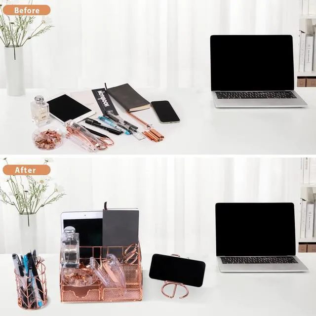 Alt view image 7 of 7 - Rose Gold Desk Organizers and Accessories Office Supplies Set Stapler, Pen Holder, Phone Holder, Scissors, Pen, Ruler, 30 Paper Clips, 22 Binder Clip, 20 Tacks and 1000pcs Staples