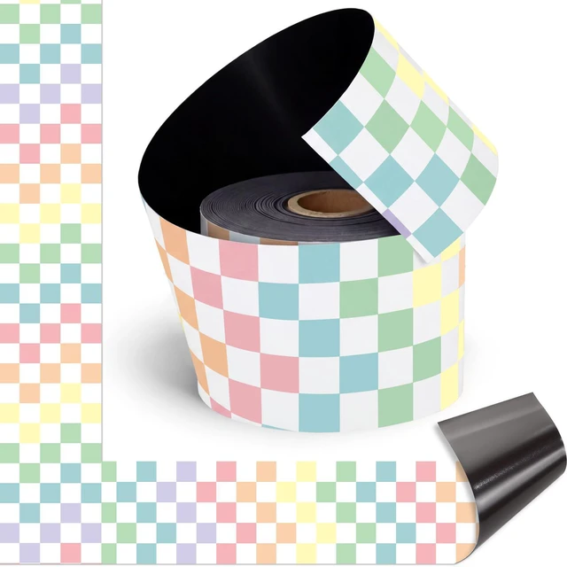 Main image of 48 ft x 2.76 Inch Magnetic Checkerboard Border,Pastel Gingham Bulletin Board Trim Decoration, Reusable Whiteboard Magnetic Strips Roll for School Office Chalkboard