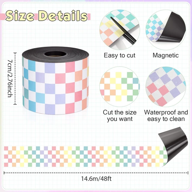 Alt view image 2 of 7 - 48 ft x 2.76 Inch Magnetic Checkerboard Border,Pastel Gingham Bulletin Board Trim Decoration, Reusable Whiteboard Magnetic Strips Roll for School Office Chalkboard