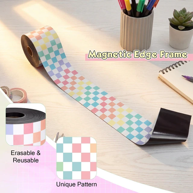 Alt view image 3 of 7 - 48 ft x 2.76 Inch Magnetic Checkerboard Border,Pastel Gingham Bulletin Board Trim Decoration, Reusable Whiteboard Magnetic Strips Roll for School Office Chalkboard