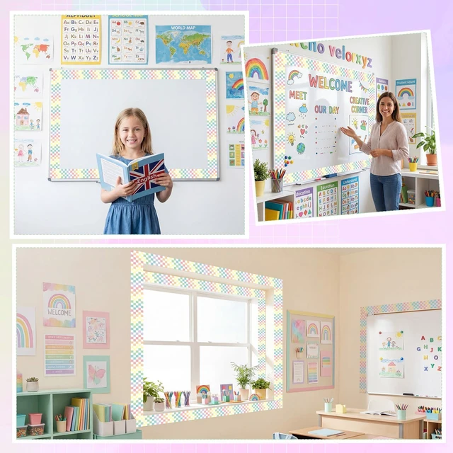 Alt view image 6 of 7 - 48 ft x 2.76 Inch Magnetic Checkerboard Border,Pastel Gingham Bulletin Board Trim Decoration, Reusable Whiteboard Magnetic Strips Roll for School Office Chalkboard