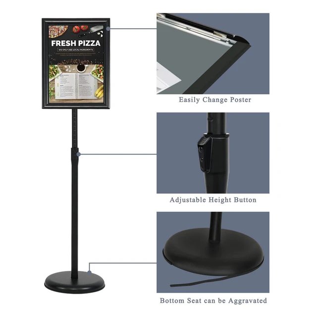 Alt view image 4 of 7 - 8.5 x 11 Inch Adjustable Pedestal Sign Poster Stand, Heavy Duty Floor Standing Sign Stand Aluminum Snap Open Display Frame for Vertical and Horizontal View Sign Displayed(Black)