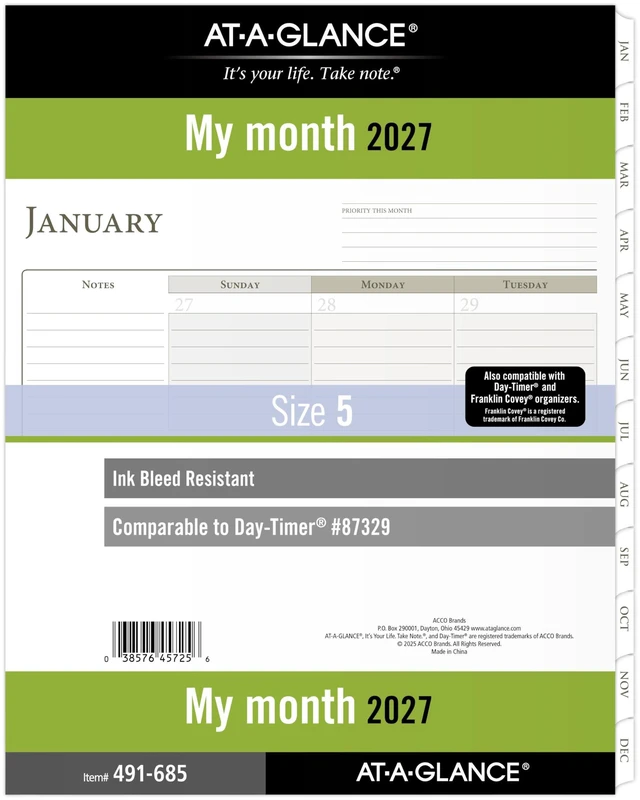 Main image of 2027 Planner Refill, Monthly, 8.5" x 11", Folio Size 5, Tabbed, 7-Ring Loose-Leaf (491-685-27)