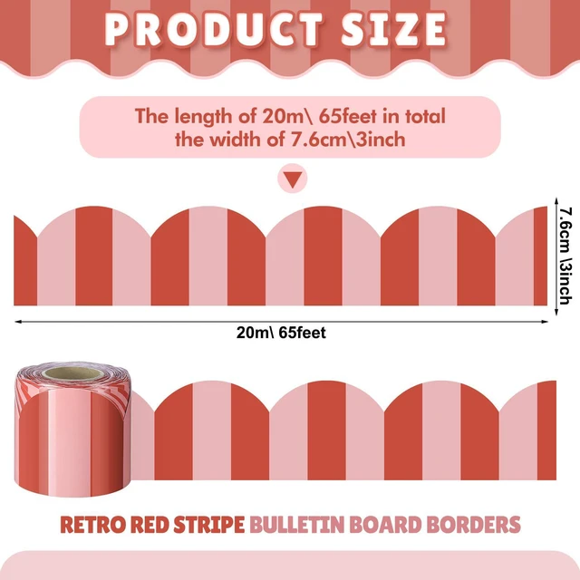 Alt view image 2 of 6 - 65 ft Red Stripe Bulletin Board Border Retro Red Pink Classroom Decor Retro Red and Pink Stripes, Scalloped Edges, Durable Waterproof Lamination, for Back to School Whiteboard Walls Desk Decor
