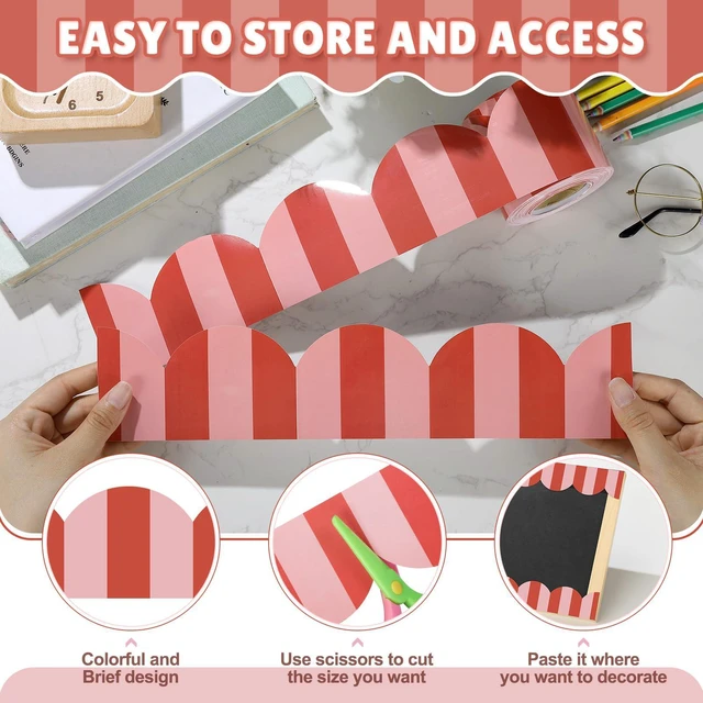 Alt view image 3 of 6 - 65 ft Red Stripe Bulletin Board Border Retro Red Pink Classroom Decor Retro Red and Pink Stripes, Scalloped Edges, Durable Waterproof Lamination, for Back to School Whiteboard Walls Desk Decor