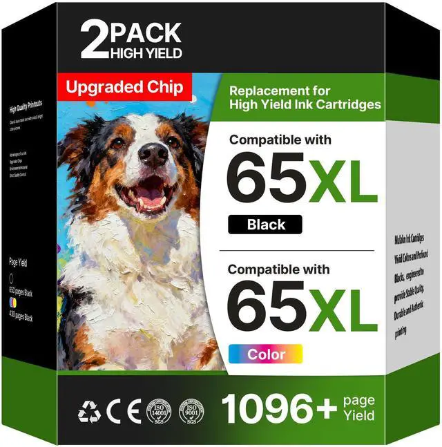 Main image of 65XL Ink Cartridges Compatible for HP Ink 65, High Yield for HP 65 Ink Cartridges Black/Color Combo Pack, Work for HP DeskJet 3755 3772 3700 3752 3722 2600 2622 Envy 5055 5070 5000 (1 Black, 1 Color)