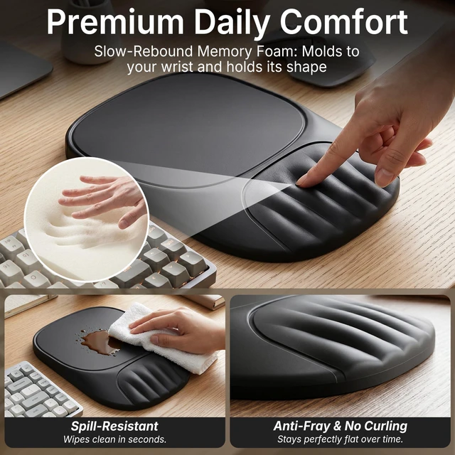 Alt view image 6 of 7 - Ergonomic Mouse Pad with Wrist Rest, Sloped Memory Foam Mousepad with Wrist Support, Cooling Channels, Non-Slip Base, Smooth Lycra Surface for Office, Gaming & Home Desk (Black)