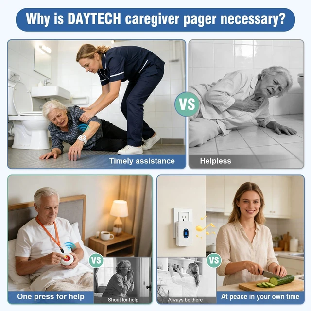 Alt view image 2 of 7 - Caregiver Pager Call Button for Elderly at Home, Medical Alert System for Seniors, Emergency Help Watch for Disabled Patients, Wireless Life Alert with Portable Receiver