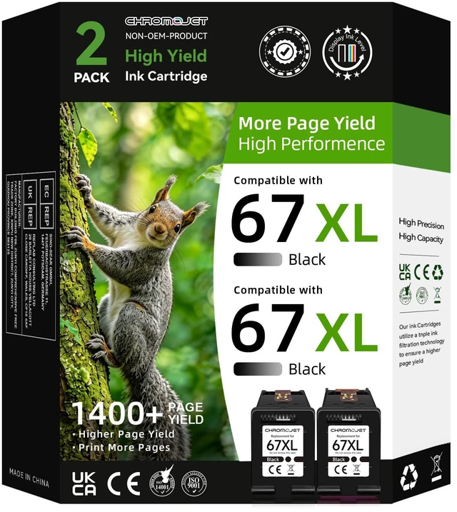 Main image of Printer Ink 67 Compatible for HP 67 Black Ink Cartridge Compatible for HP Ink 67 for HP 67 Ink Fit for DeskJet 2855e 2800e 4155e 2755e 2700 2700e 4100 4255e Envy 6055e 6455e 6000 6400 Printer(2 Black)