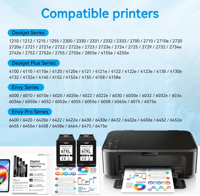 Alt view image 2 of 7 - Printer Ink 67 Compatible for HP 67 Black Ink Cartridge Compatible for HP Ink 67 for HP 67 Ink Fit for DeskJet 2855e 2800e 4155e 2755e 2700 2700e 4100 4255e Envy 6055e 6455e 6000 6400 Printer(2 Black)