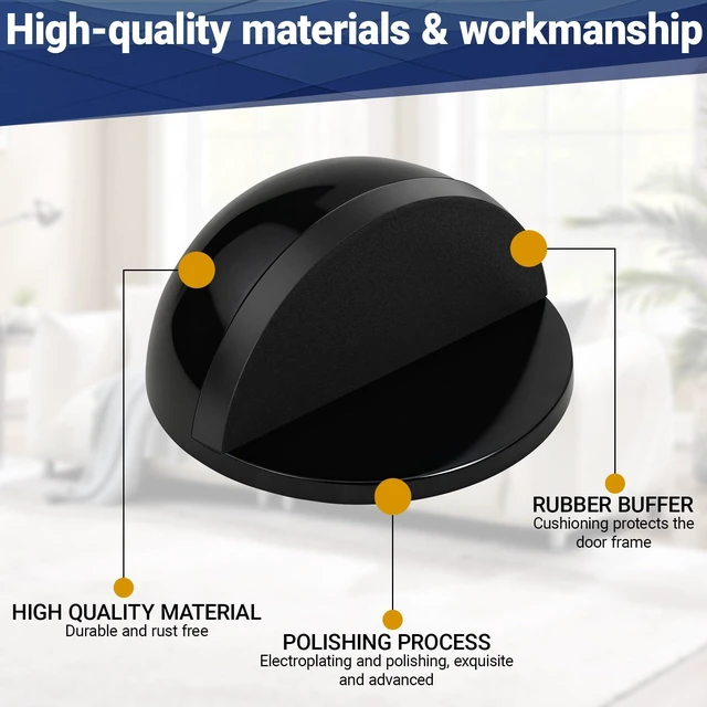 Alt view image 4 of 7 - Self Adhesive Door Stoppers, Stainless Steel No Drill Rubber Floor Door Stop, Half Dome Adhesive Wall Protector for Bedroom Living Room Bathroom Office (4, Black4)