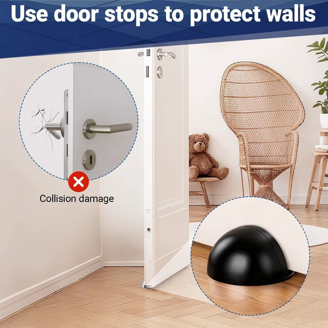 Alt view image 6 of 7 - Self Adhesive Door Stoppers, Stainless Steel No Drill Rubber Floor Door Stop, Half Dome Adhesive Wall Protector for Bedroom Living Room Bathroom Office (4, Black4)