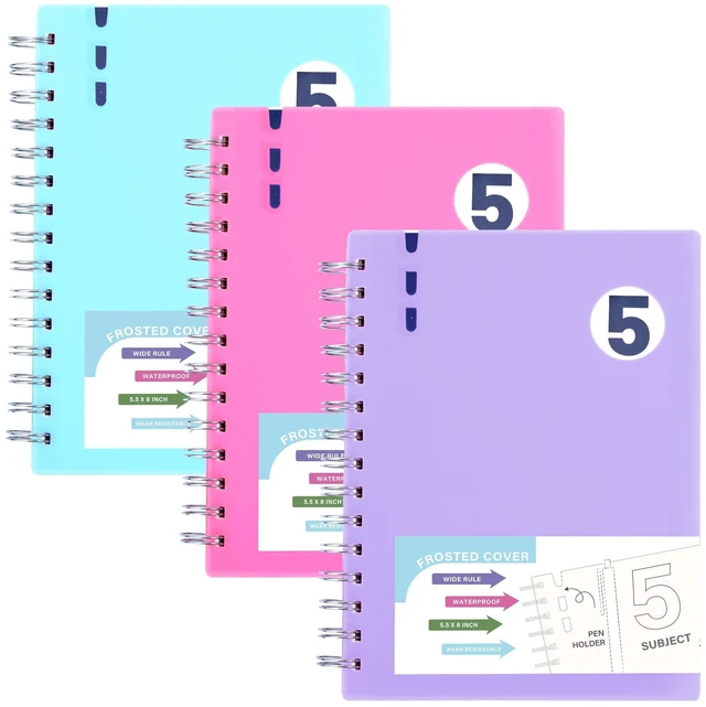 Main image of Small 5 Subject Spiral Notebook with Dividers & Tab,3 Pack,5x7 612 Pages,Wide Ruled,Waterproof Plastic cover,School Small Notebook, Study, Homework, Students