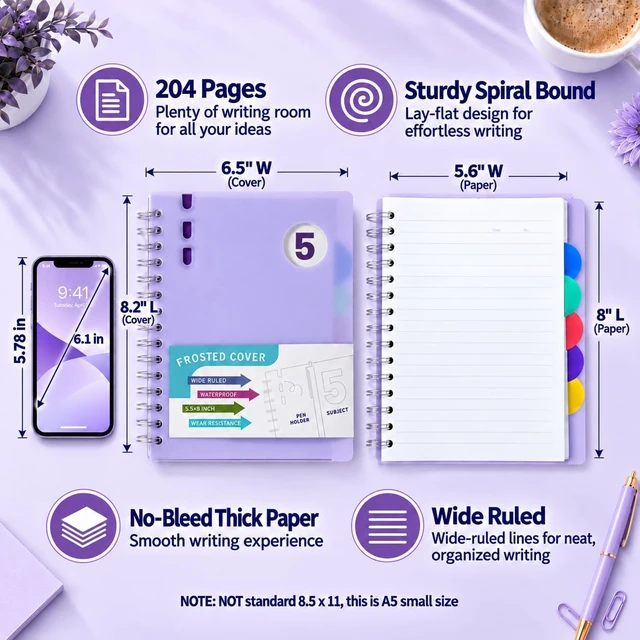 Alt view image 2 of 7 - Small 5 Subject Spiral Notebook with Dividers & Tab,3 Pack,5x7 612 Pages,Wide Ruled,Waterproof Plastic cover,School Small Notebook, Study, Homework, Students