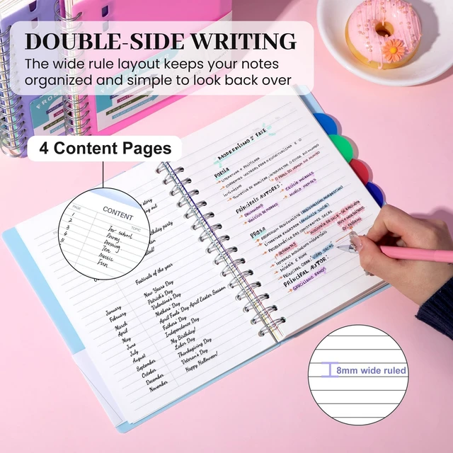 Alt view image 3 of 7 - Small 5 Subject Spiral Notebook with Dividers & Tab,3 Pack,5x7 612 Pages,Wide Ruled,Waterproof Plastic cover,School Small Notebook, Study, Homework, Students