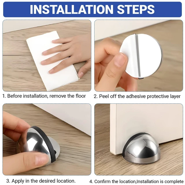 Alt view image 5 of 7 - Self Adhesive Door Stoppers, Stainless Steel No Drill Rubber Floor Door Stop, Half Dome Adhesive Wall Protector for Bedroom Living Room Bathroom Office (4, Black4)