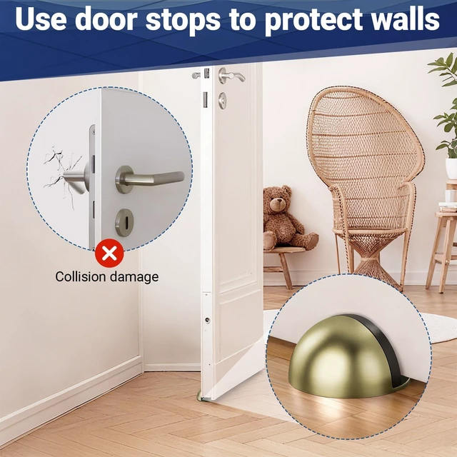 Alt view image 6 of 7 - Self Adhesive Door Stoppers, Stainless Steel No Drill Rubber Floor Door Stop, Half Dome Adhesive Wall Protector for Bedroom Living Room Bathroom Office (4, Bronze4)