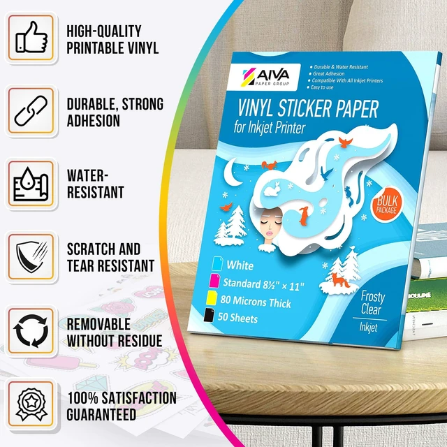Alt view image 2 of 7 - Printable Vinyl Sticker Paper for Inkjet Printer - Frosty Clear - Semi-Transparent - 50 Self-Adhesive Sheets - Waterproof Decal Paper - Standard Letter Size 8.5"x11"