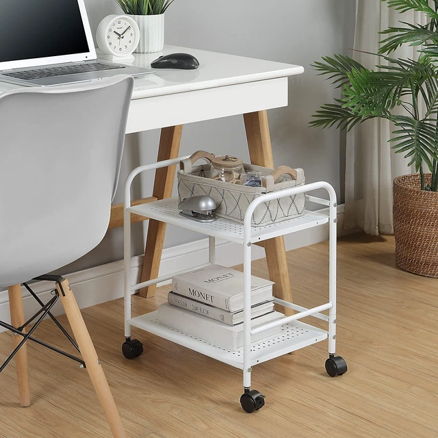 Alt view image 3 of 7 - 2-Tier Metal Rolling Utility Cart Mobile Storage Shelf with Caster Wheels Small Space Organizer for Home, Office, Bedroom, Kitchen (WHT) (Pack of 2)