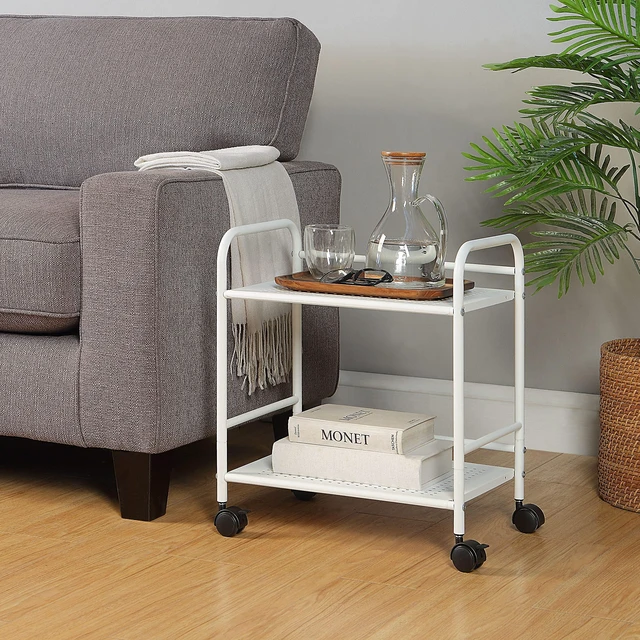 Alt view image 2 of 7 - 2-Tier Metal Rolling Utility Cart Mobile Storage Shelf with Caster Wheels Small Space Organizer for Home, Office, Bedroom, Kitchen (WHT) (Pack of 2)