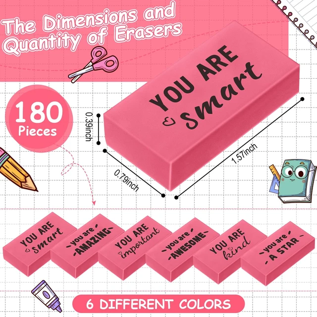 Alt view image 3 of 7 - 180 Pcs Inspirational Erasers,Motivational,Pink Bulk Pencil Erasers, 6 Motivational Designs, Classroom Rewards Drawing Supplies, Back to School Teacher Essentials
