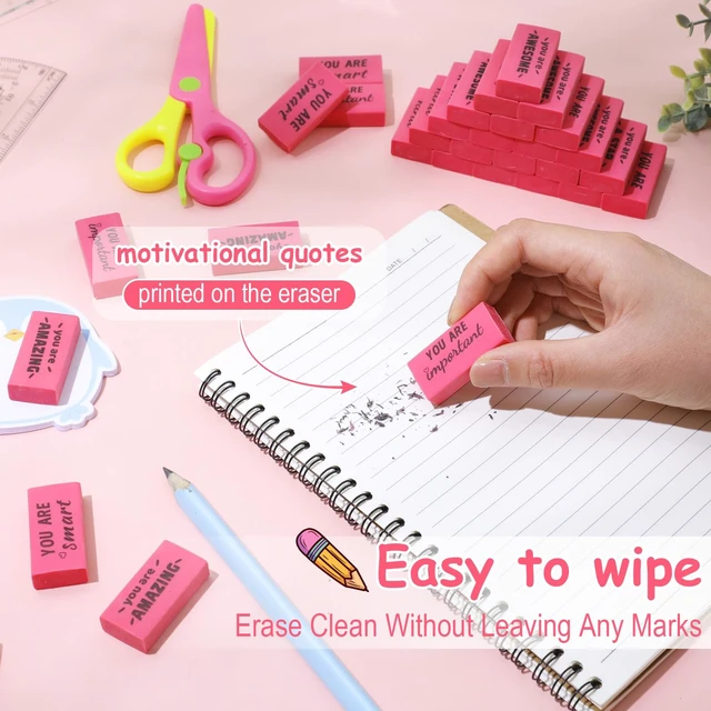 Alt view image 5 of 7 - 180 Pcs Inspirational Erasers,Motivational,Pink Bulk Pencil Erasers, 6 Motivational Designs, Classroom Rewards Drawing Supplies, Back to School Teacher Essentials