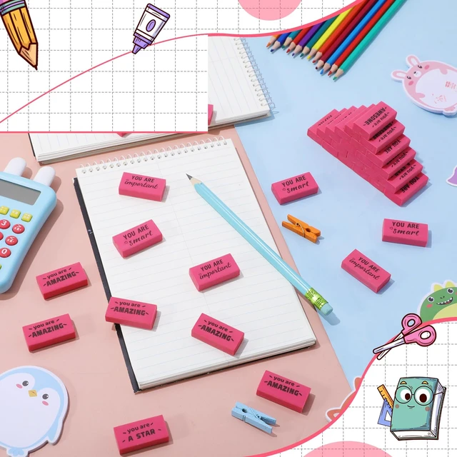 Alt view image 6 of 7 - 180 Pcs Inspirational Erasers,Motivational,Pink Bulk Pencil Erasers, 6 Motivational Designs, Classroom Rewards Drawing Supplies, Back to School Teacher Essentials