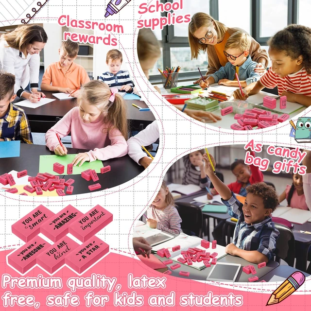 Alt view image 7 of 7 - 180 Pcs Inspirational Erasers,Motivational,Pink Bulk Pencil Erasers, 6 Motivational Designs, Classroom Rewards Drawing Supplies, Back to School Teacher Essentials