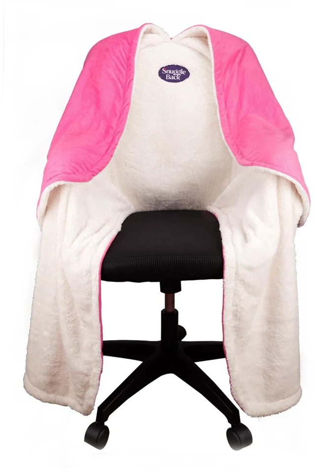 Main image of The Original Office Chair Blanket by SnuggleBack; Cozy Comfy Office Desk Chair Wrap Attaches for Hands-Free Warmth. Stay Warm In The Winter or Summer. (Raspberry Pattern Fleece)