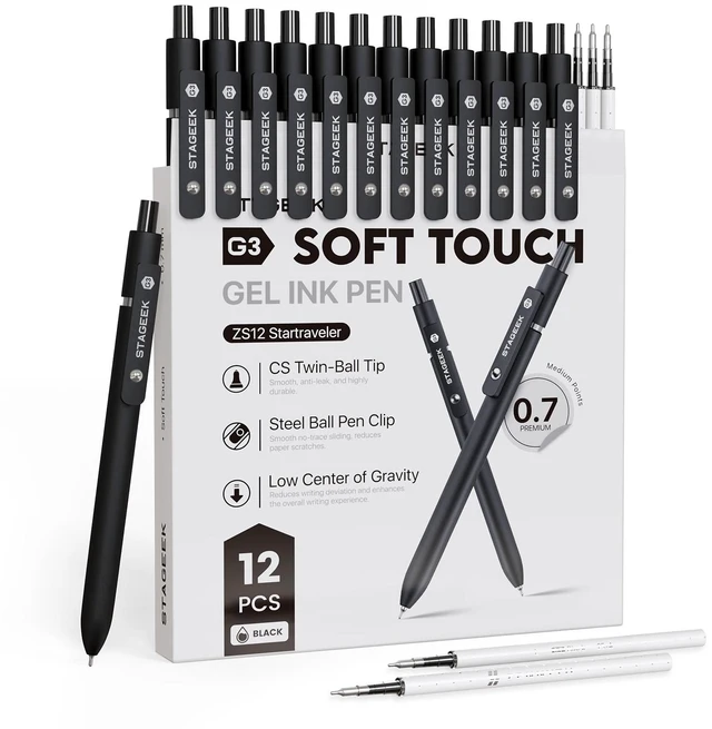 Main image of 12 Pcs GX3 Black Gel Pens, Smooth Writing, with 3 Refills Black Ink Pens, 0.7mm Fine Point, School, Office, Journaling & Note Taking, for Nurses, Adults, Men & Women