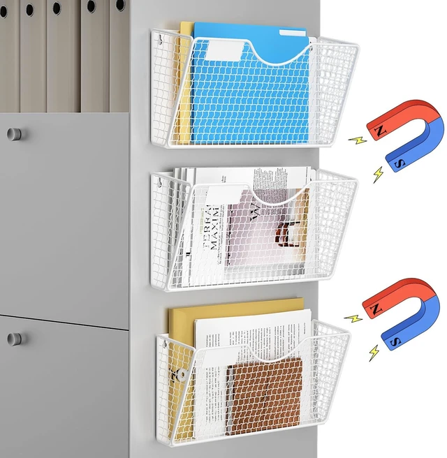 Main image of Magnetic File Holder, 3 Pockets Wall File Folders Holder No Drilling Magnetic Paper Mail Organizer Magazine Basket, Hanging Storage Rack for Fridge Cabinets Office Classroom(White)