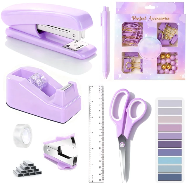 Main image of Purple Desk Accessories, Purple Office Supplies Accessories with Tape Dispenser, Stapler, Staple Remover, 1000 Staples, Tape, Clips Set, Ruler, Scissor, Pen