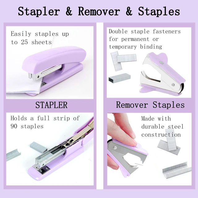 Alt view image 2 of 6 - Purple Desk Accessories, Purple Office Supplies Accessories with Tape Dispenser, Stapler, Staple Remover, 1000 Staples, Tape, Clips Set, Ruler, Scissor, Pen