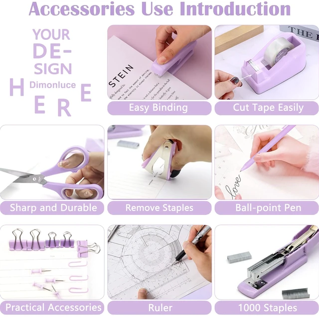 Alt view image 4 of 6 - Purple Desk Accessories, Purple Office Supplies Accessories with Tape Dispenser, Stapler, Staple Remover, 1000 Staples, Tape, Clips Set, Ruler, Scissor, Pen