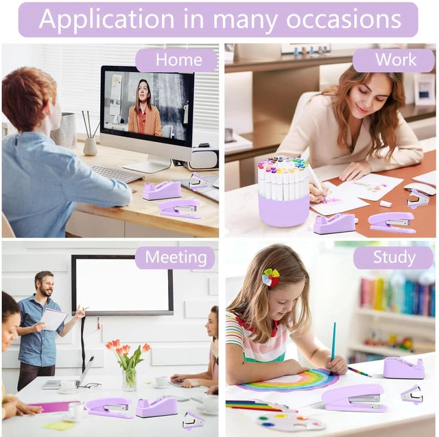 Alt view image 5 of 6 - Purple Desk Accessories, Purple Office Supplies Accessories with Tape Dispenser, Stapler, Staple Remover, 1000 Staples, Tape, Clips Set, Ruler, Scissor, Pen