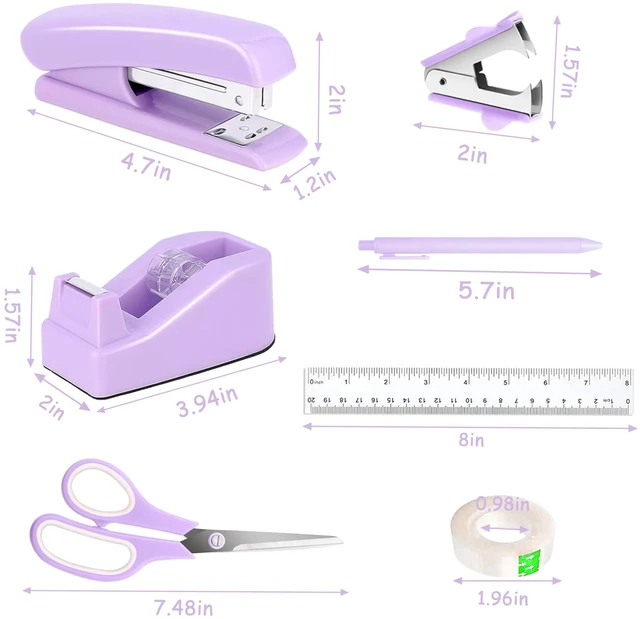 Alt view image 6 of 6 - Purple Desk Accessories, Purple Office Supplies Accessories with Tape Dispenser, Stapler, Staple Remover, 1000 Staples, Tape, Clips Set, Ruler, Scissor, Pen