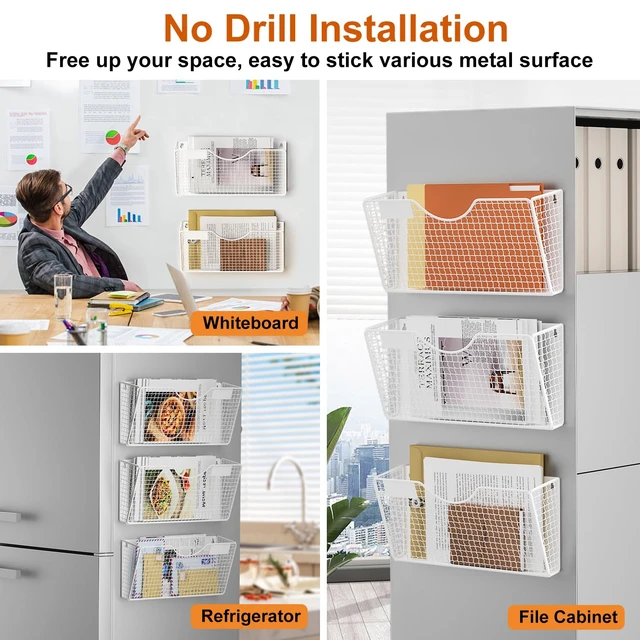 Alt view image 4 of 7 - Magnetic File Holder, 3 Pockets Wall File Folders Holder No Drilling Magnetic Paper Mail Organizer Magazine Basket, Hanging Storage Rack for Fridge Cabinets Office Classroom(White)