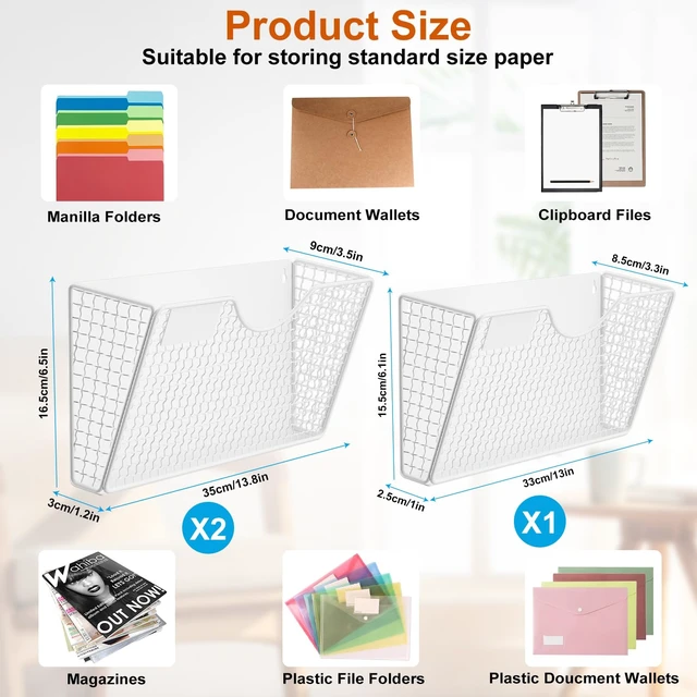Alt view image 7 of 7 - Magnetic File Holder, 3 Pockets Wall File Folders Holder No Drilling Magnetic Paper Mail Organizer Magazine Basket, Hanging Storage Rack for Fridge Cabinets Office Classroom(White)