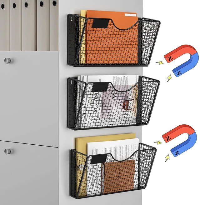 Main image of Magnetic File Holder, 3 Pockets Magnetic File Folder Holder No Drilling Magnet Paper Mail Organizer Magazine Basket, Hanging Wall Storage Rack for Fridge Cabinets Office Classroom