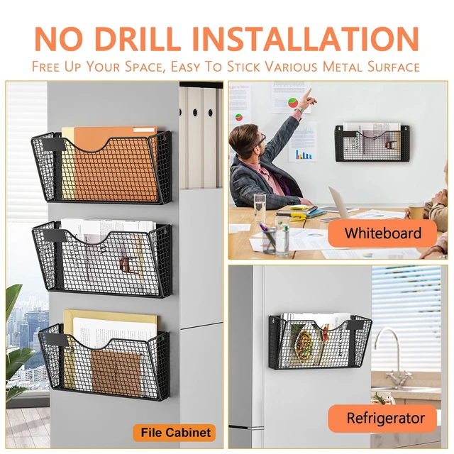 Alt view image 4 of 7 - Magnetic File Holder, 3 Pockets Magnetic File Folder Holder No Drilling Magnet Paper Mail Organizer Magazine Basket, Hanging Wall Storage Rack for Fridge Cabinets Office Classroom