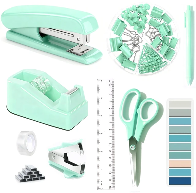 Main image of Green Office Supplies, Teal Desk Accessories Accessories with Tape Dispenser, Stapler, Staple Remover, 1000 Staples, Tape, Clips Set, Ruler, Scissor, Pen