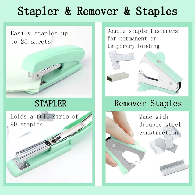 Alt view image 2 of 6 - Green Office Supplies, Teal Desk Accessories Accessories with Tape Dispenser, Stapler, Staple Remover, 1000 Staples, Tape, Clips Set, Ruler, Scissor, Pen